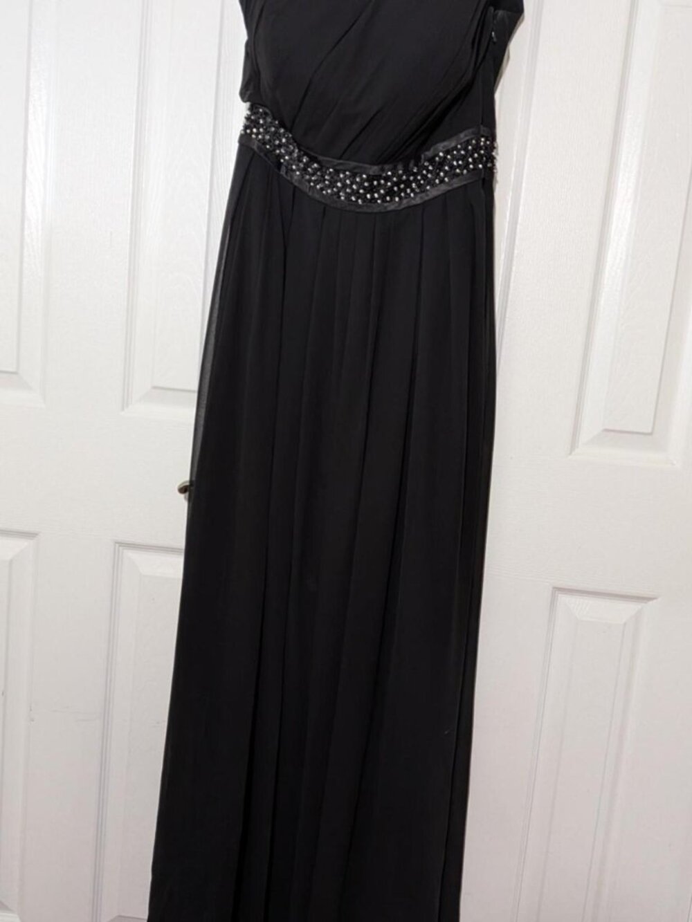 Bill Levkoff Black One Shoulder Maxi Dress with Beaded Belt Size 12